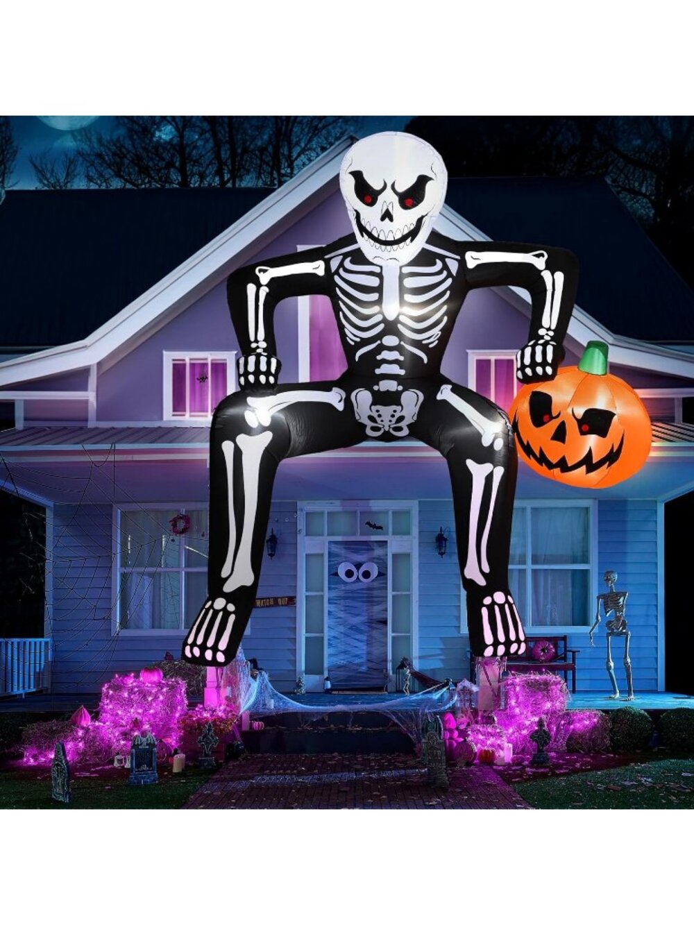 🎃8.5ft Halloween Inflatable Pumpkin Skeleton Sitting On the Roof Yard Party Dec